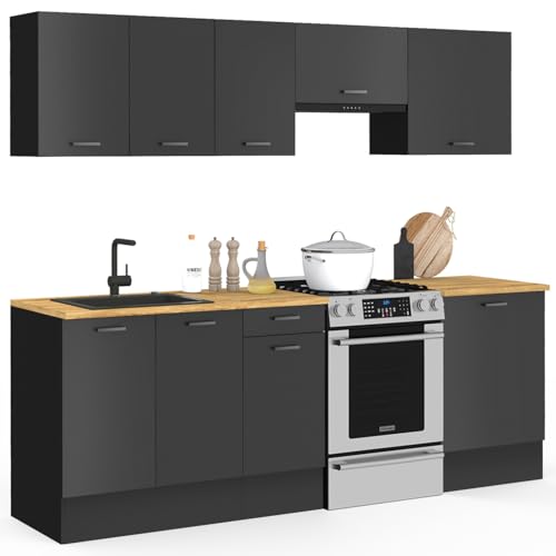 IDMarket - Cuisine complète 240 cm Subtil avec Plan de Travail 7 éléments Noir et Plateaux Bois