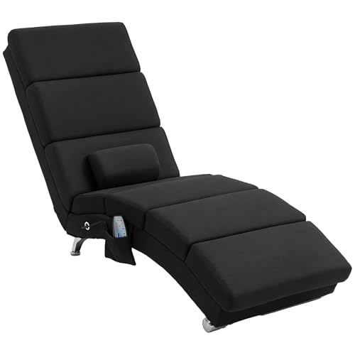 HOMCOM Fauteuil Relax Salon Fauteuil de Massage et Chauffage meridienne Chaise Longue d'intérieur, avec télécommande et Oreiller, Chambre à Coucher, Salon, Tissu Effet Lin Noir