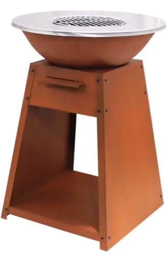 BBQ Design Brasero Plancha 2-en-1 Livona - 58,5 cm, Hauteur 81 cm, Base en Acier Corten avec Tiroir à Cendres et Rangement Bois