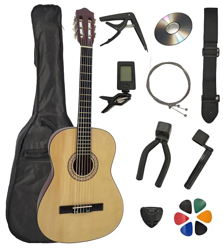Pack Guitare Classique 4/4 (Adulte) + 6 Accessoires + Cour Vidéo et CD (Naturel)