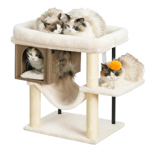 Heybly Arbre À Chat, Grande Plateforme 54 x 40 cm en Peluche, Maison en Bois, Hauteur 57.5 cm, Ses Tubes en Fer Et Base Large Procurent Bonne Stabilité, Parfait pour Chats Gras,Gris HCT017SG