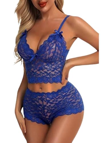 Ensemble Lingerie Sexy Dentelle Florale Femme Soutien-Gorge à Bretelles Réglables Culotte sous-Vêtements 2 Pièces Bralette Nœud Papillon Vêtements Nuit Transparents Hot Tenue (Bleu, S)