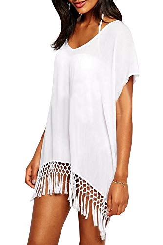 Walant Femmes Robes d'été Plage Couvrir Pompons Lâches Tops Beachwear Rayure Mini Robes Plage Boho Maillots de Bain Cache-Maillots de Bikini Plage, Blanc, Taille unique