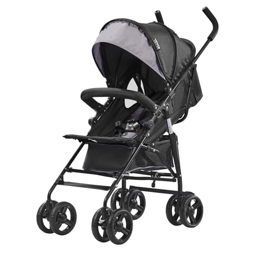 VEVOR Poussette légère pour bébé, poussette pour tout-petit compacte avec dossier inclinable, cadre acier au carbone, grand panier de rangement, porte-gobelet, pour nouveau-né, voyage, gris clair noir