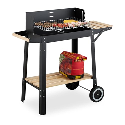 Relaxdays Barbecue à charbon avec roues, grille réglable avec paravent, 2 étagères, HLP 80,5 x 86 x 42 cm, acier, bois, plastique