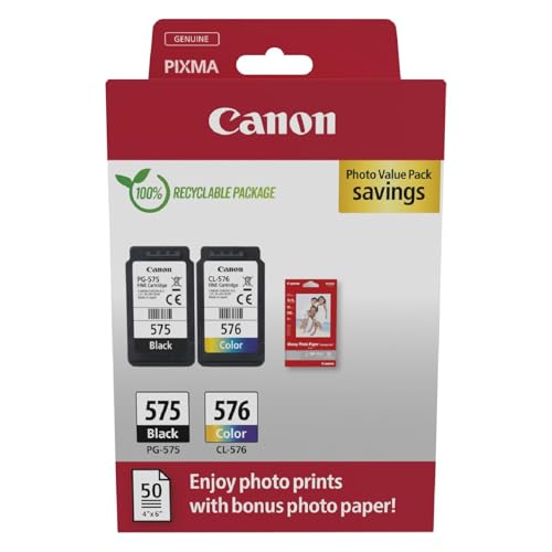 Canon Lot Cartouche Encre et Papier - PG-575/CL-576 Lot de 2 Cartouches d'encre d'origine pour Imprimante (1 x Noir, 1 x Couleur) et Papier Photo 4 x 6 (50 Feuilles)