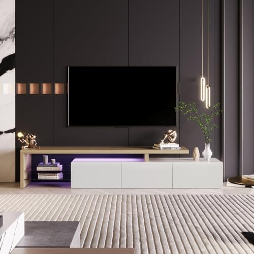 JOROBURO Meuble TV Moderne avec lumières LED Variables, 3 Portes et étagères en Verre – Buffet élégant pour Salon (Blanc) (Blanc)