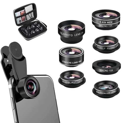 Kit d'objectif 7 en 1 pour Téléphone Portable, Fisheye à 198°, Grand Angle 0,63X, Macro 15X, CPL, Objectif Portrait 2X, Objectif kaléidoscope, Objectif Starlight, Objectif de Caméra pour Smartphone