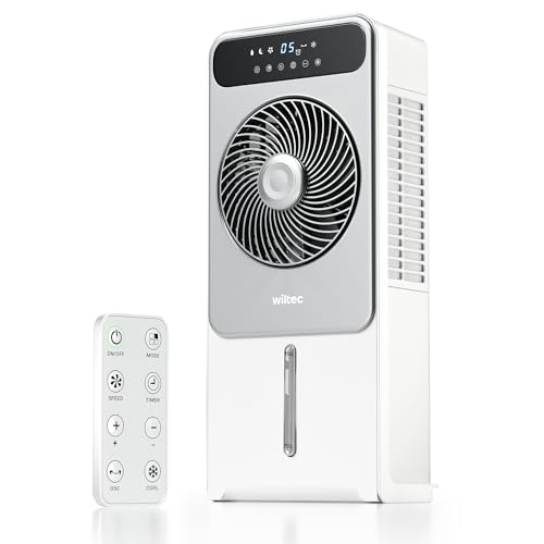Wiltec Refroidisseur mobile 28 W «Misting Fan» 235x290x668mm Réservoir 5 L 12 Vitesse Climatiseur mobile Rafraîchisseur d’air Écran tactile Brumisateur Télécommande Climatisation Intérieure Extérieure