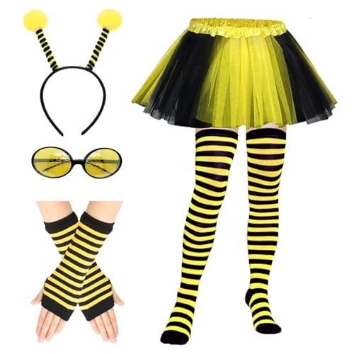 TYXHXTF 7PCS Costume D'Abeille, Déguisement Abeille Adulte, D'abeille pour Adulte avec Bandeau Antenne Abeille Tutu Gants à Rayures Bas Lunettes de Soleil, pour Carnaval Fête Cosplay