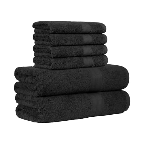 Amazon Basics 2 Serviettes de bain et 4 Serviettes à mains à la décoloration, Lot de 6, Noir, 70 x 70 cm