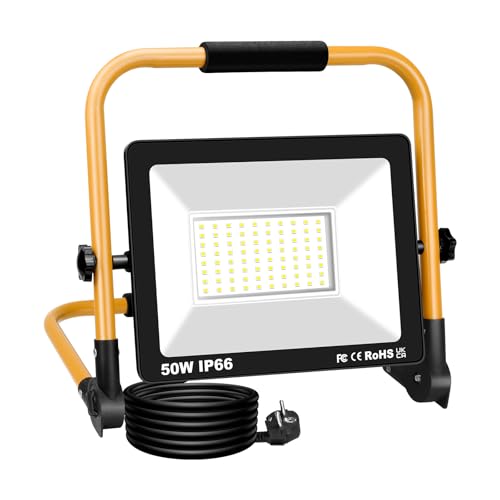 RIGIDON 50W Projecteurs de Chantier, 5000LM Lampe d'extérieur Pliable Portable Projecteur Led, Phare de Travail Led Pour Travaux d'atelier, Garage, Terrasse, Jardin, Etanche IP66 6000K Blanc