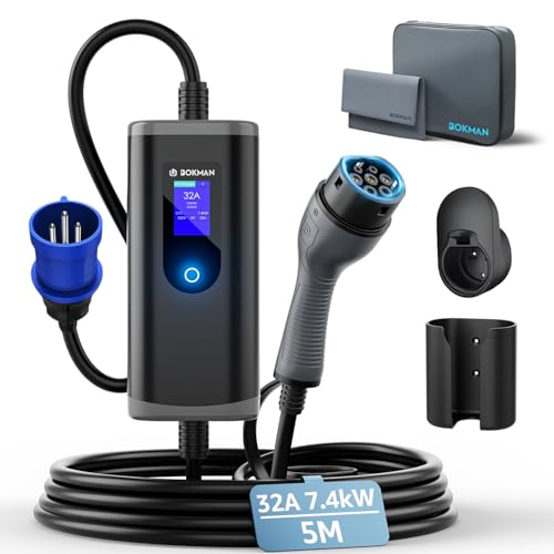 bokman Borne de Recharge Voiture Electrique 7kW, 6-32A | 7,4kW | 5 Mètre Type 2- Prise CEE P17 Portable EV Chargeur Station de Charge Mobile/Wallbox Ajustable