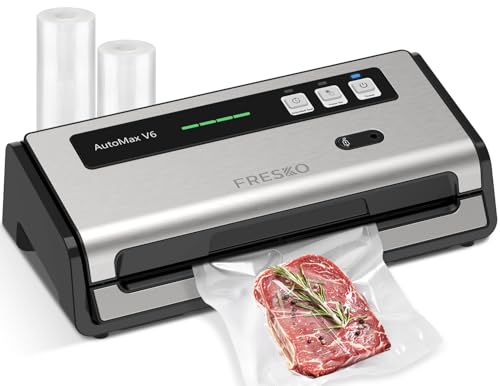 FRESKO Machine Sous Vide Alimentaire Automatique, Double Thermoscellage, Coupe-sac Intégré et Rangement des Sacs, Mode Humide et Sec, Utilisation à une Main, Avec 2 Sacs en Rouleau (Automax V6)