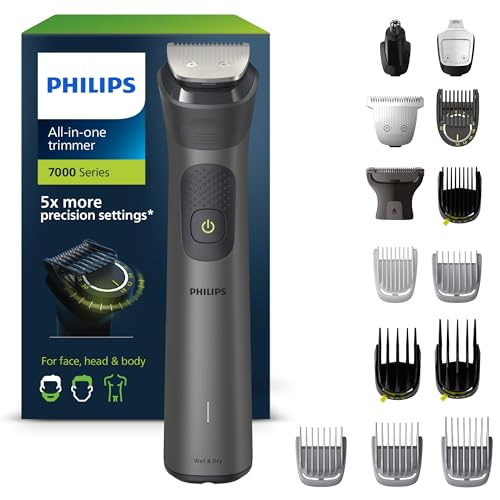 Philips Multigroom Series 7000 - Tondeuse tout-en-un équipée de 15 sabots pour le visage, la tête et le corps, et 26 hauteurs de coupe (de 0,5 à 20 mm) pour une précision ultime (modèle MG7950/15)