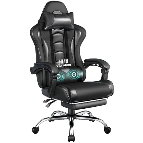 Yaheetech Chaise Gaming Massante Ergonomique Fauteuil Gamer Dossier et Appui-tête Hauteur Réglable avec Repose-Pied Similicuir Charge 136kg Noir