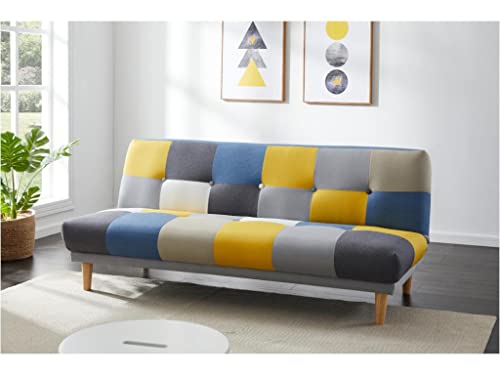Vente-unique - Canapé 3 Places Convertible clic-clac en Tissu MARDAG - Patchwork Gris, Bleu, Jaune