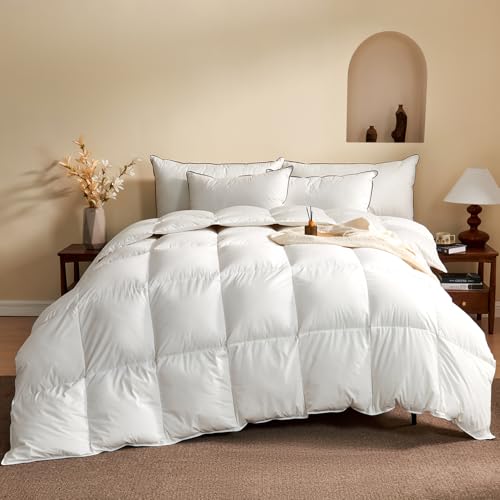 KUSNUG Couette d'oie 220x240 Coton Égyptien Mélangé, 100% Pur Duvet et Plumes 4 Saisons Couettes pour Hotel de Luxe, Couette Naturelle Tempérée Anti Acariens, Très Fluffy 240x220 cm 2 Personnes Blanc