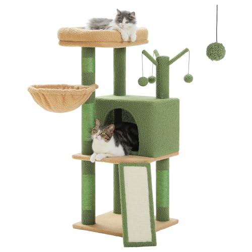 PurpurRain Arbre à chat à plusieurs niveaux pour chats domestiques, condo avec griffoirs recouverts de sisal, hamac profond et jouet interactif pour chat Gris 105 cm (vert)