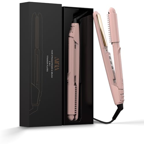 AINA Lisseur, fer à lisser avec brosse | Plaques en titane Dual Voltage Lisseur 2 en1 | Dissoudre les frisottis emmêlés(Rose)