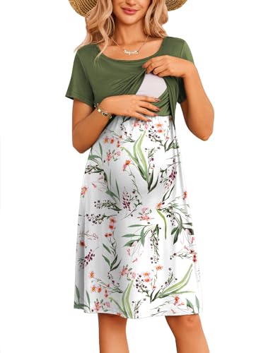 Ekouaer Robe Femme Enceinte Robe Grossesse Col Rond Robes Maternité Elégante Chic Imprimé Sexy Confortable, Vert, S