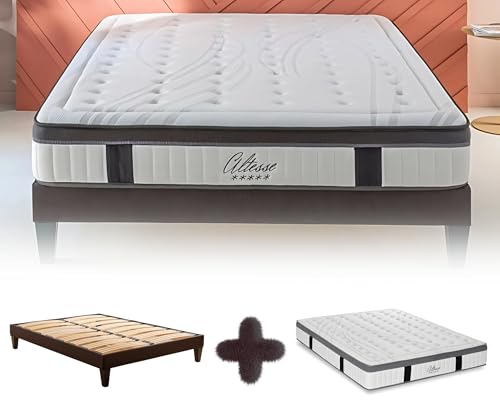 Maison Aubertin - Ensemble Matelas Sommier Altesse 160x200, Ép 57, à Mémoire de Forme Haute Densité 55 kg/m³, Mousse à Cellules Ouvertes, Lit en Bois Massif, 2 Personnes