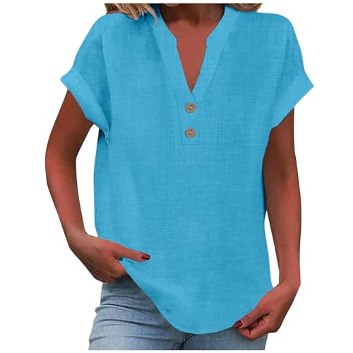 Chemise Femme Lin Grande Taille Chemisier Coton Et Lin pour Femmes Col en V Bouton Manches Courtes Tops Couleur Unie Lâche Respirant T-Shirts Eté Chic Et élégant Casual Tunique Femme Cadeau
