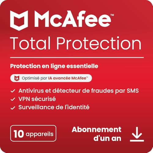 McAfee Total Protection 10 appareils 2025 |12 mois |VPN sécurisé, logiciel de sécurité avec antivirus, gestionnaire de mots de passe et surveillance de l'identité | Téléchargement