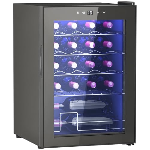 HOMCOM Cave à vin 20 bouteilles 53L réfrigérateur à vin silencieux avec porte en verre, éclairage LED, écran tactile numérique, frigo vin contrôle de la température 5-18°C, protection UV, noir