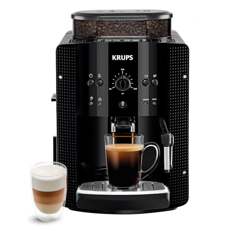 Krups Machine à café grain, 1,7 L, 2 tasses en simultané, Nettoyage automatique, Buse vapeur pour Cappuccino, Cafetière espresso, Essential noire YY8125FD