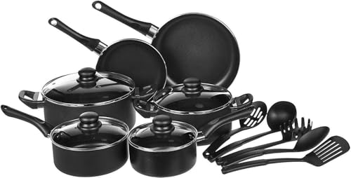Herzberg HG04241, Batterie de Cuisine Antiadhésive 13 Pièces, Noir, Acier au Carbone Durable, Poignées Confortables, Couvercles en Verre Trempé, Compatible Tous Feux, Lavable au Lave-Vaisselle