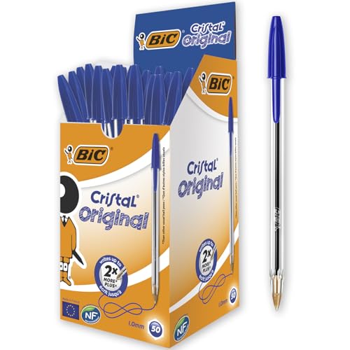 BIC Cristal Original Stylos-Bille Pointe Moyenne (1,0 mm)- Parfait pour l'Ecole et au Bureau) - Bleu, Boîte de 50