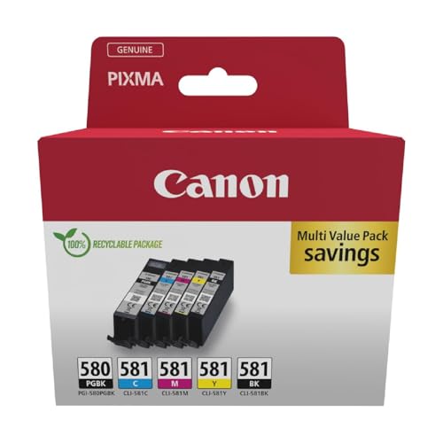 Canon Cartouche Encre - PGI-580/CLI-581 BK C M Y PGBK Lot de 5 Cartouches d'encre d'origine pour Imprimante (1 x Noir, 1 x Cyan, 1 x Magenta, 1 x Jaune, 1 x Noir Pigmenté)