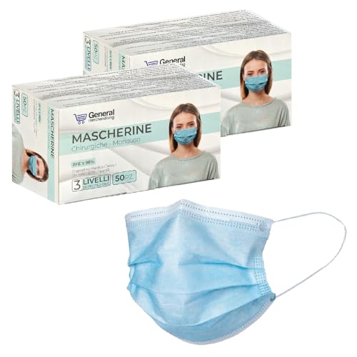 general merchandising 100 Masques Chirurgicaux Jetables Type IIR – 3 Couches, Certifiés CE, Haute Filtration BFE > 98%, Conformes EN 14683:2019 + AC:2019 (2 x 50 Pièces)