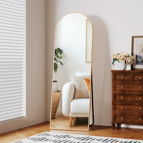 Clevich Grand Miroir sur Pied, 150 x 50 cm, bombé avec Cadre en Aluminium doré, Miroir incliné ou Suspendu pour Salon, Chambre à Coucher, entrée