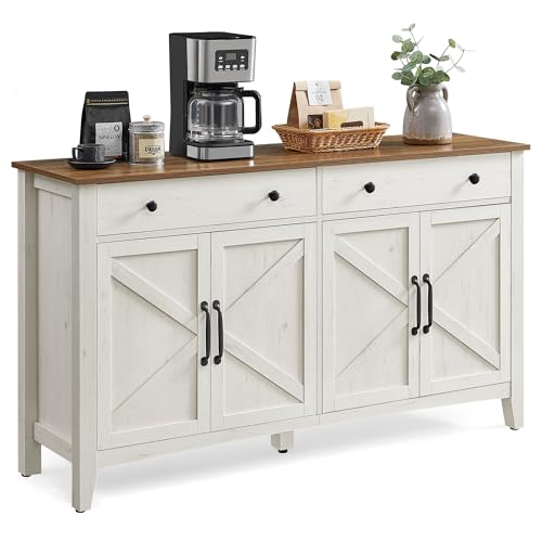 VASAGLE Buffet, Meuble de Rangement avec Tiroir, Meuble de Cuisine, avec Portes, Étagère Réglable, Style Campagne, pour Salon, 40 x 140 x 80 cm, Blanc Rustique et Marron Miel BBK381W02
