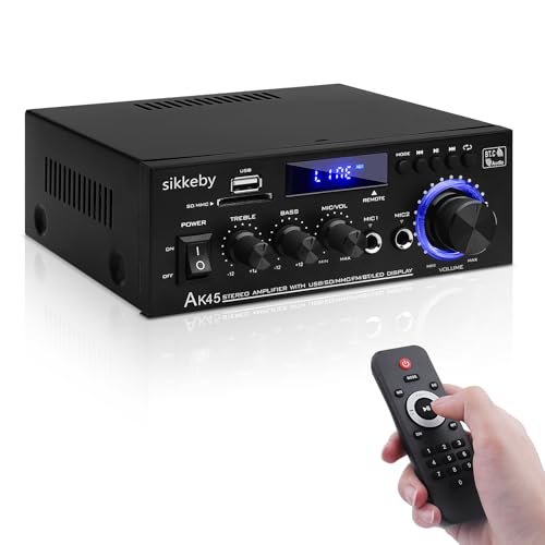HIFI-Amplificateur, Mini récepteur amplificateur audio stéréo Bluetooth, AK45 2-canaux numérique amplificateur audio 12V/220v 400W avec Radio FM,entrée de carte SD/USB pour la maison ou la voiture