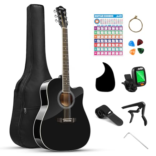 Moukey Acoustic Guitar Full Size Kits for Beginners Adults 4/4 Guitar Bundles with Chord Poster, Gig Bag, Tuner, Steel Strings, Strap, Black