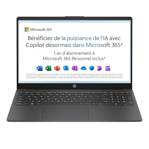 HP 15-fd0001sf Ordinateur Portable 15,6" FHD, PC Portable (Intel Celeron N100, RAM 4 Go, UFS 128 Go, Intel UHD Graphics, Windows 11 Home S), Laptop Gris, AZERTY, Microsoft 365 Personnel 12 Mois Inclus