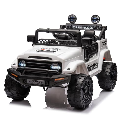 12V Voiture Électrique pour Enfants, Véhicule Électrique Enfant avec Suspension à Ressort, Télécommande, LED, 3 Vitesses pour Enfants 3+ Ans (Blanc)