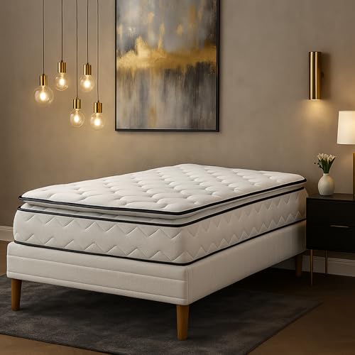 SAMPUR Pack Matelas César + Sommier Tapissier | Matelas avec Surmatelas Intégré | Mémoire de Forme et Mousse Haute Résilience | Sommier Confort Lattes Larges (140x190 cm)