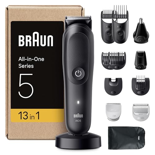 Braun Tondeuse Electrique Tout-En-Un Pour Hommes Series 5 AIO5565 Noir, etanche, Kit De Rasage 13-En-1 Avec Lame Ultra Affûtée, Coffret Avec 8 Sabots Pour Les Cheveux, La Barbe, Le Nez et Le Corps