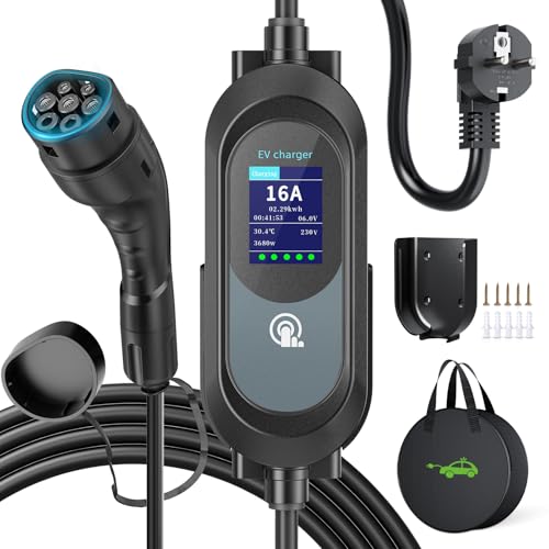 EVJUICION Chargeur Voiture Electrique 15 Mètres 3,68KW | 8-16A | 0-12H | IP67 EV Chargeur Type 2 avec Grand écran LED et Support Mural, Portabilité Cable Recharge Voiture Électrique Type 2 avec Sac