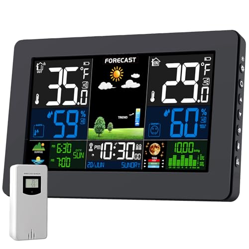 Station Météo Avec Capteur Extérieur, DCF Écran LCD Sans Fil Coloré Météorologique Numérique Baromètre Phase de Lune Alarme Réveil Météo Prévision Rétroéclairage Réglable