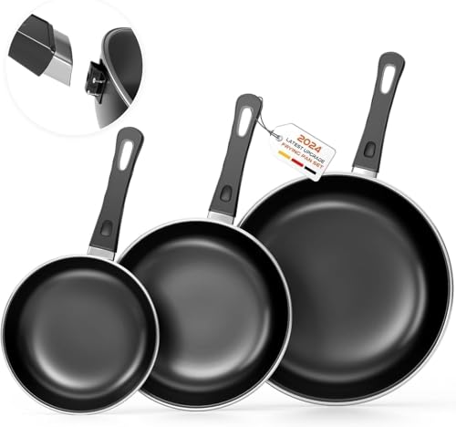 Kiseely Ensemble de poêles à frire antiadhésives, 20 cm + 25 cm + 30 cm, 3 pièces, sans PFAS, passe au lave-vaisselle, convient à tous les types de cuisinières, y compris l'induction (CF1)