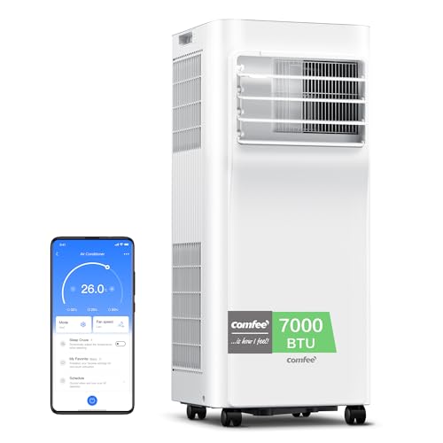 COMFEE' Climatiseur Mobile 7000 BTU/h 2kW, Contrôle APP, 3 Modes, 3 Vitesses de ventilation, Minuterie 24H, Dimensions compactes, Pour pièces de 23㎡, Breezy Cool 2.0, Fonctionne avec Alexa