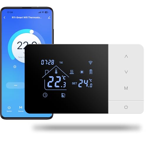 Thermostat WiFi pour Chaudière gaz 3A,Beok Thermostat Mural 2 Fils à Piles,Alimentation par Batterie ou USB,Programmable Compatible avec Alexa et Google Home, Commande Vocale et Contrôle à Distance
