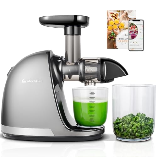 AMZCHEF Extracteur Jus - Extracteur de Jus de Fruits et Légumes - Presses-agrumes à Froid sans BPA avec 2 Tasses et Brosse - Fonction de Mastication Inversée pour Éviter les Blocages - Argent