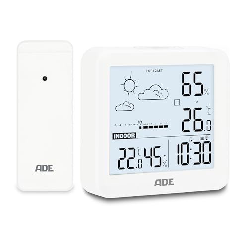 ADE Petite station météo numérique avec capteur extérieur et prévisions météo | température intérieure et extérieure | humidité de l'air | horloge radiopilotée avec réveil | piles incluses | blanc
