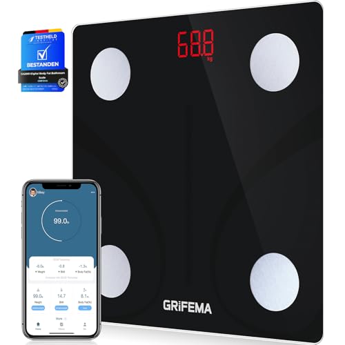 GRIFEMA GA2001, Balance personnelle, Impédancemètre avec Bluetooth, Pour IOS et Android, Balance connectée capable de détecter diverses données corporelles noir